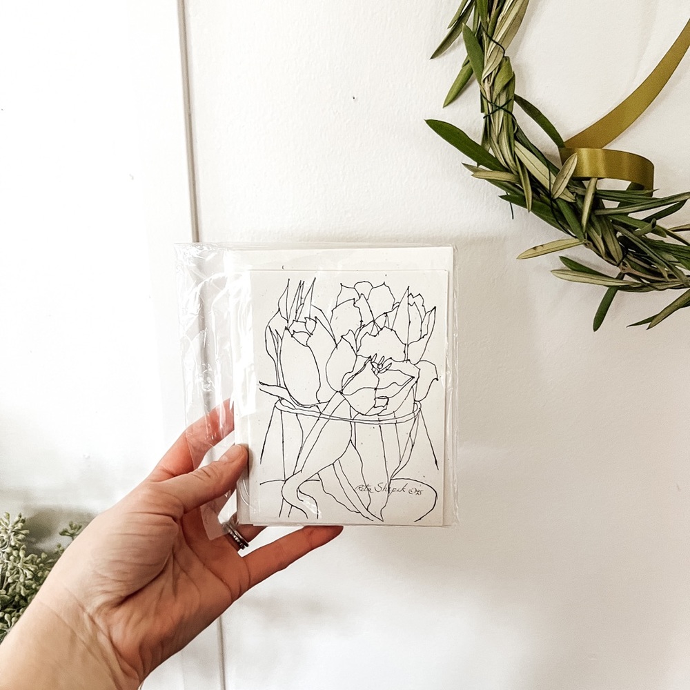 Black and white floral contour drawing of flower cards